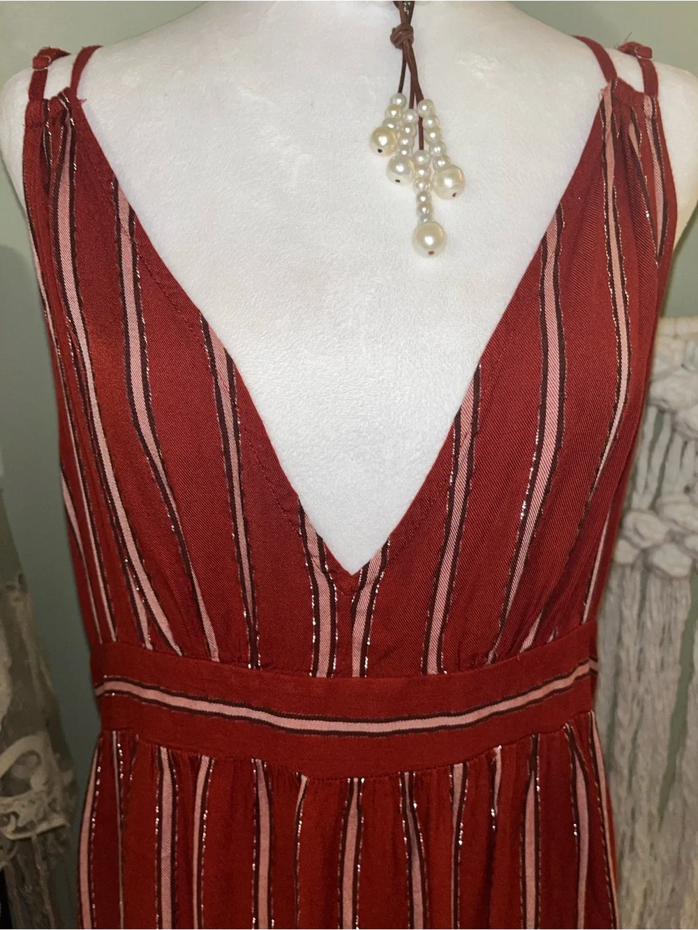 Adjustable Straps V-Neck Striped Maxi Dress in Deep Burgundy - Picture 9 of 12